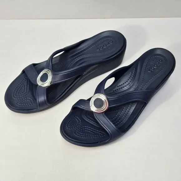 Crocs Sandals Women 9 Sanrah Beveled Circle Wedge Blue Comfort Summer Slides - Picture 4 of 12